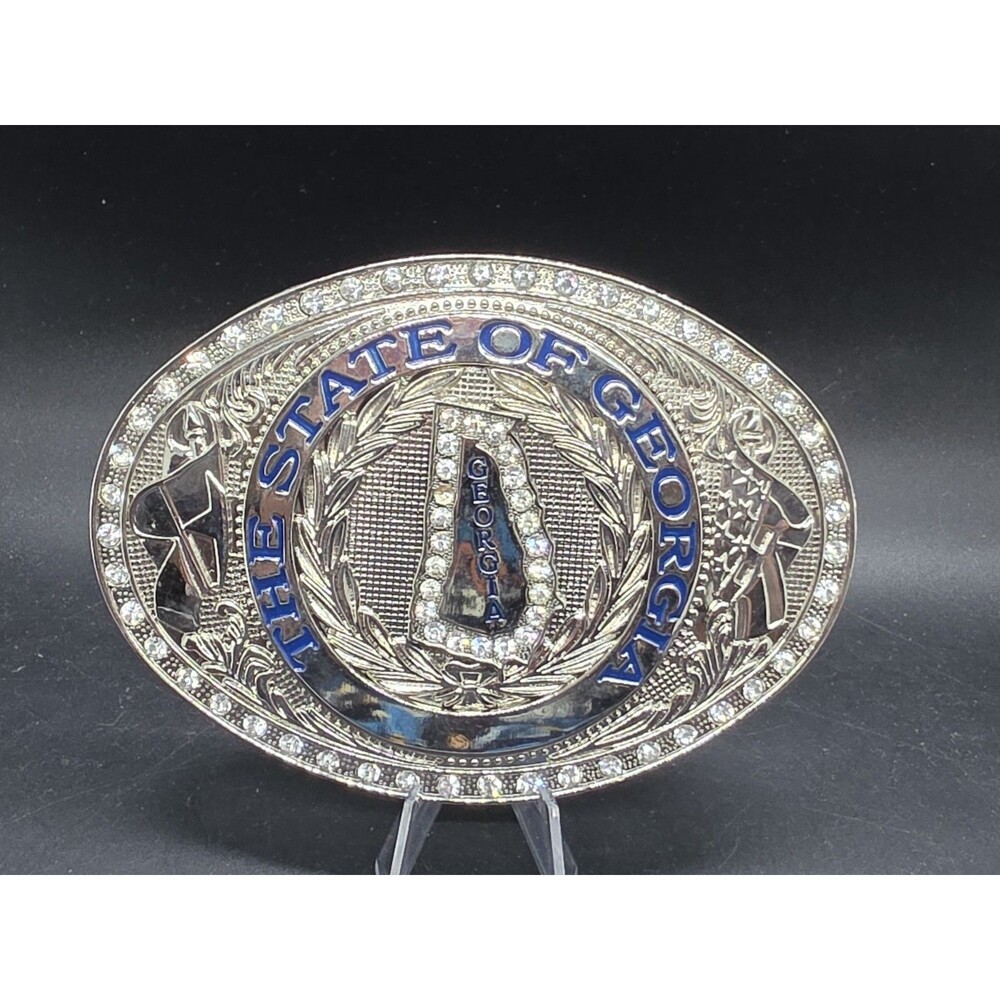 The State Of Georgia Large Buckle Blinged Out 5.75 x 4" Silver And Blue